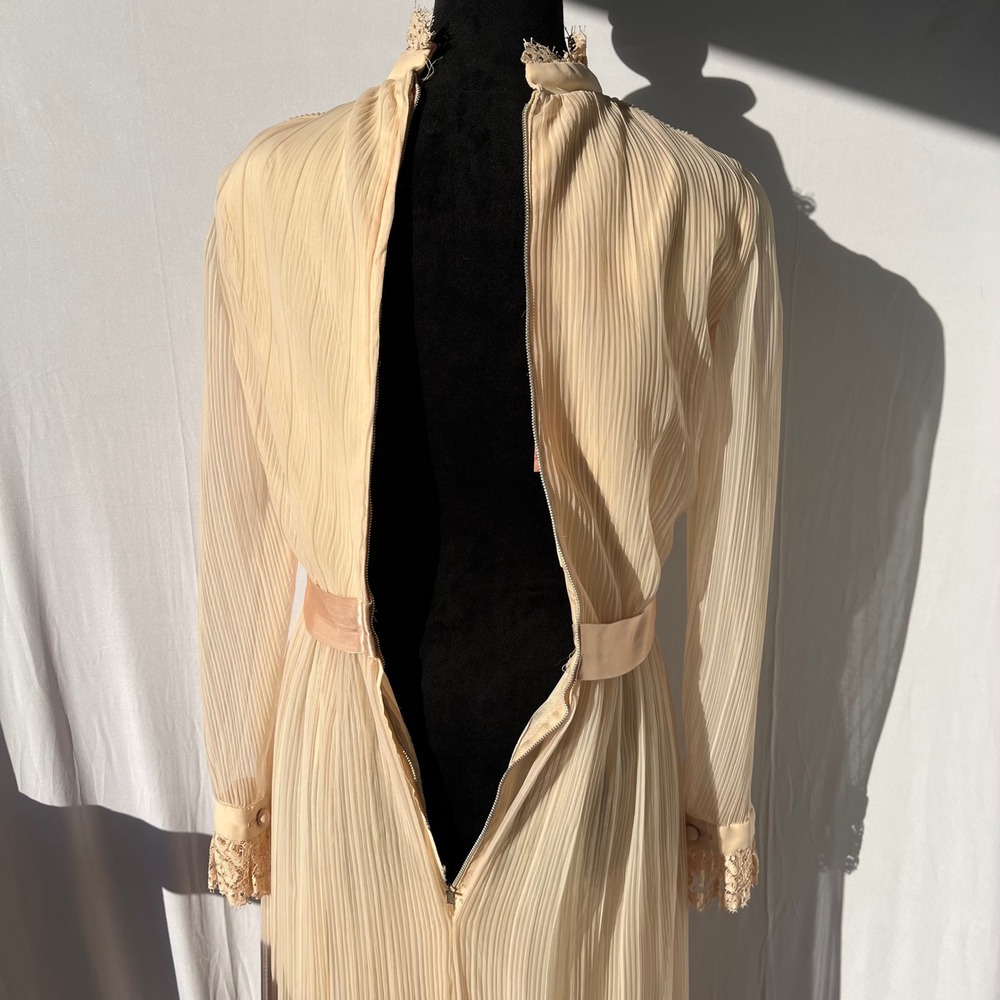 Vtg 60s 70s Accordion Pleated Chiffon Lace Maxi Dress S Pink Gunne Sax Style - Picture 11 of 13